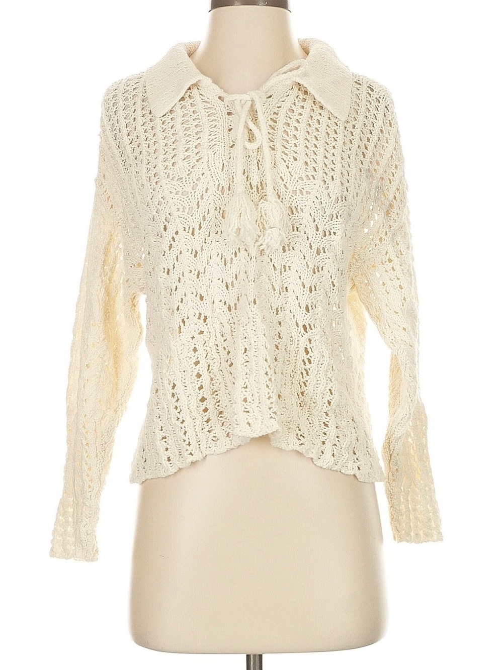 American Eagle Outfitters Cream Crochet Tie-Front Sweater